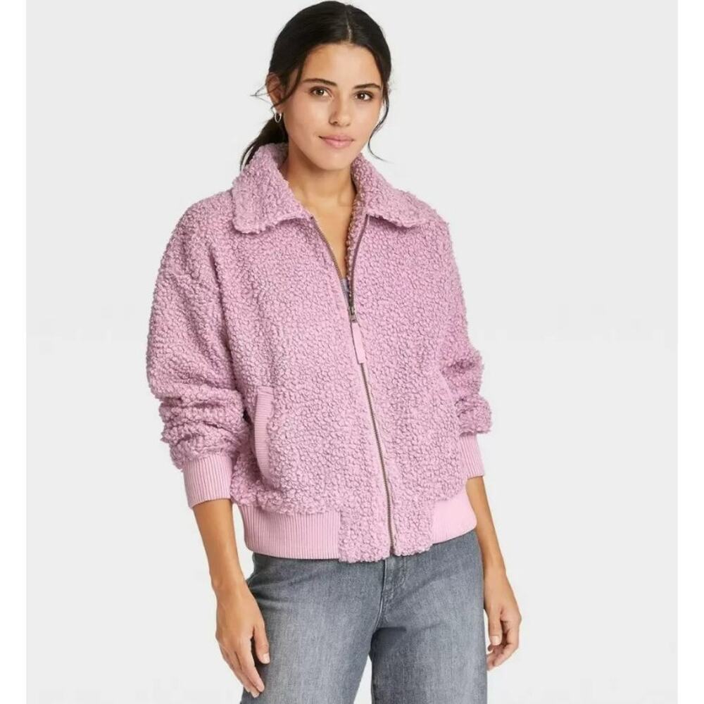 Universal Thread Sherpa Winter Coat Bomber Jacket Lined Women Medium Collared - Picture 3 of 10